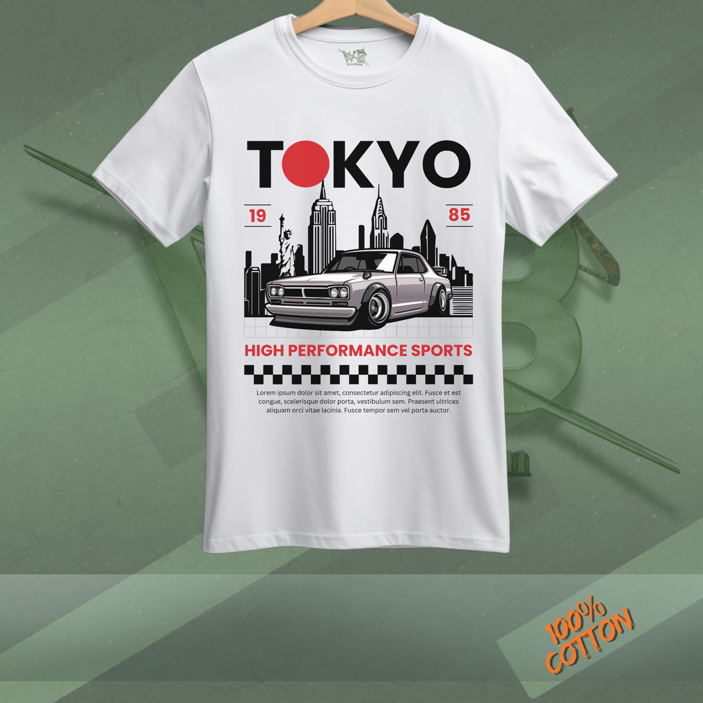 TOKYO SPORTS CAR -Black & White T-Shirt - Designed by WearBloom - Minimal, Modern WearBloom