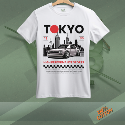 TOKYO SPORTS CAR -Black & White T-Shirt - Designed by WearBloom - Minimal, Modern WearBloom