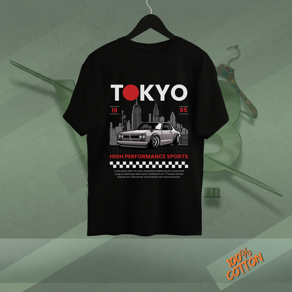 TOKYO SPORTS CAR -Black & White T-Shirt - Designed by WearBloom - Minimal, Modern WearBloom